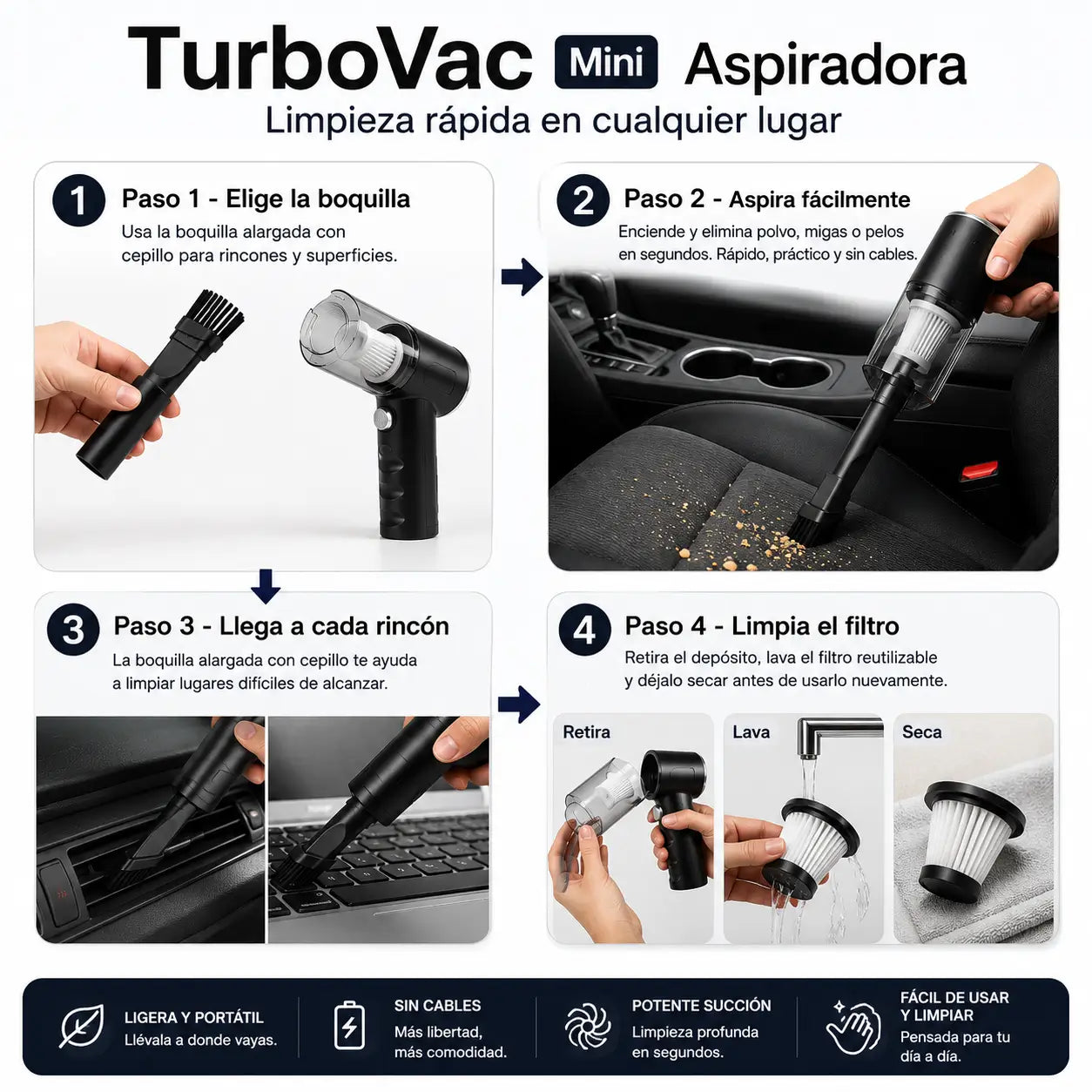TurboVac Mini Aspiradora - Limpieza rápida en cualquier lugar