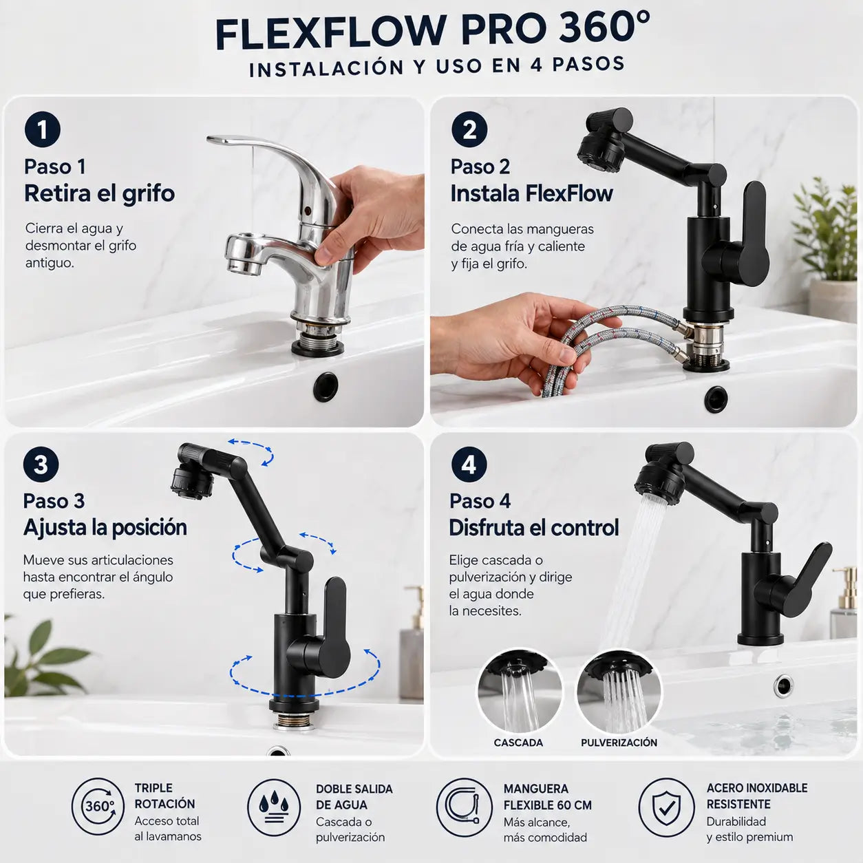 FlexFlow Pro 360° - Grifo triple rotación, máxima movilidad