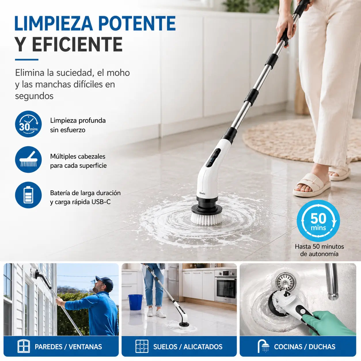 CleanMax Pro - Cepillo eléctrico de limpieza mango extensible