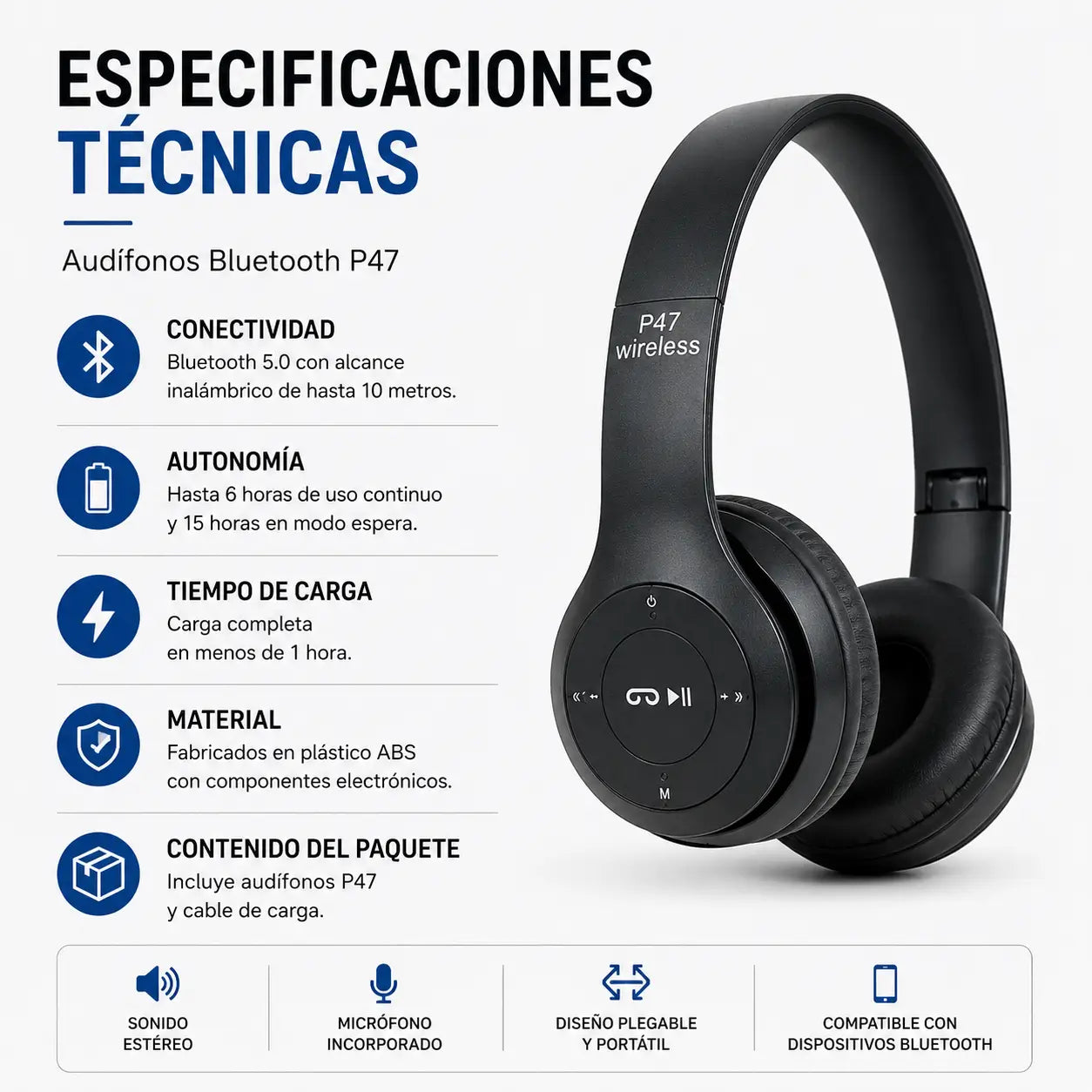 P47 Audífonos Bluetooth- Sonido potente donde vayas