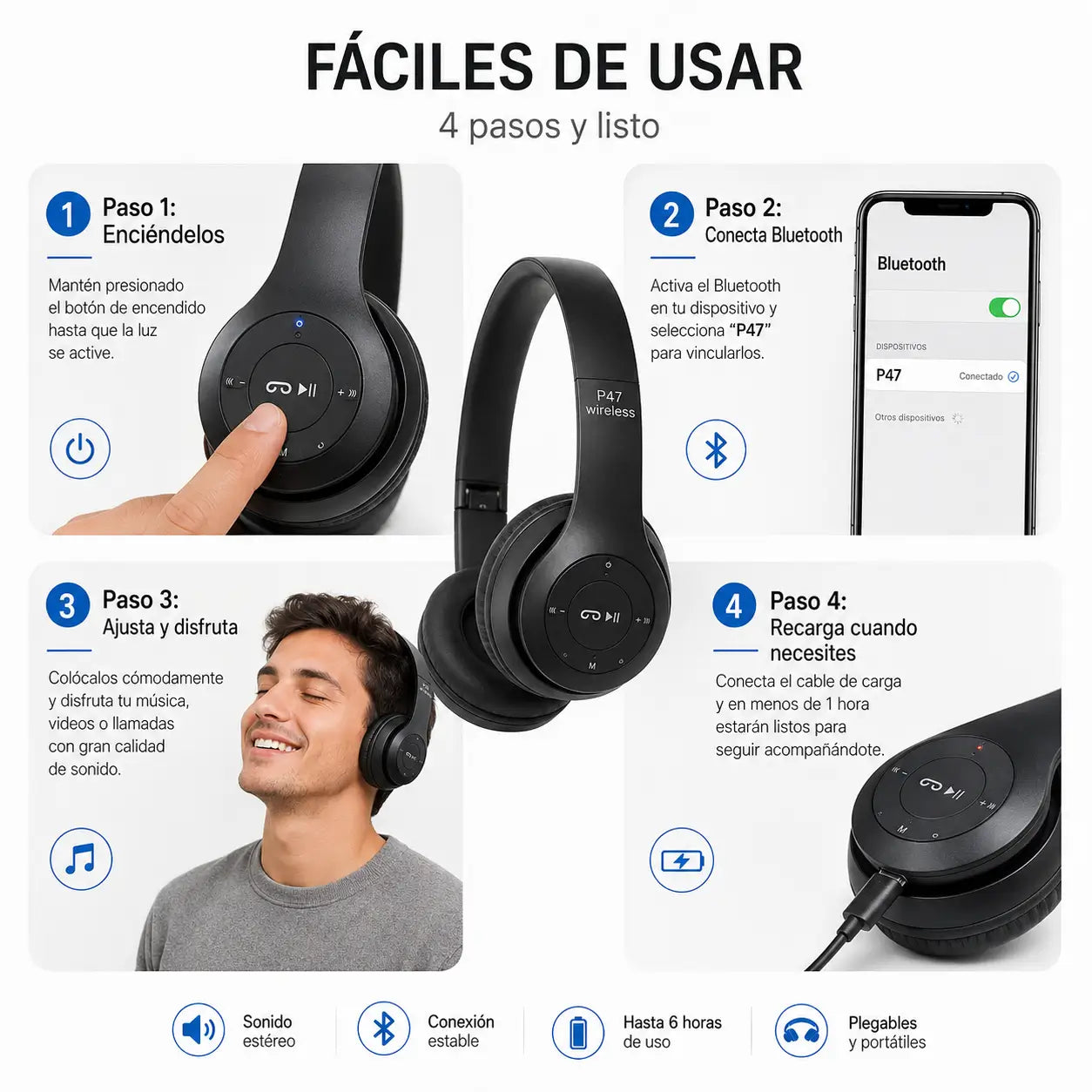 P47 Audífonos Bluetooth- Sonido potente donde vayas