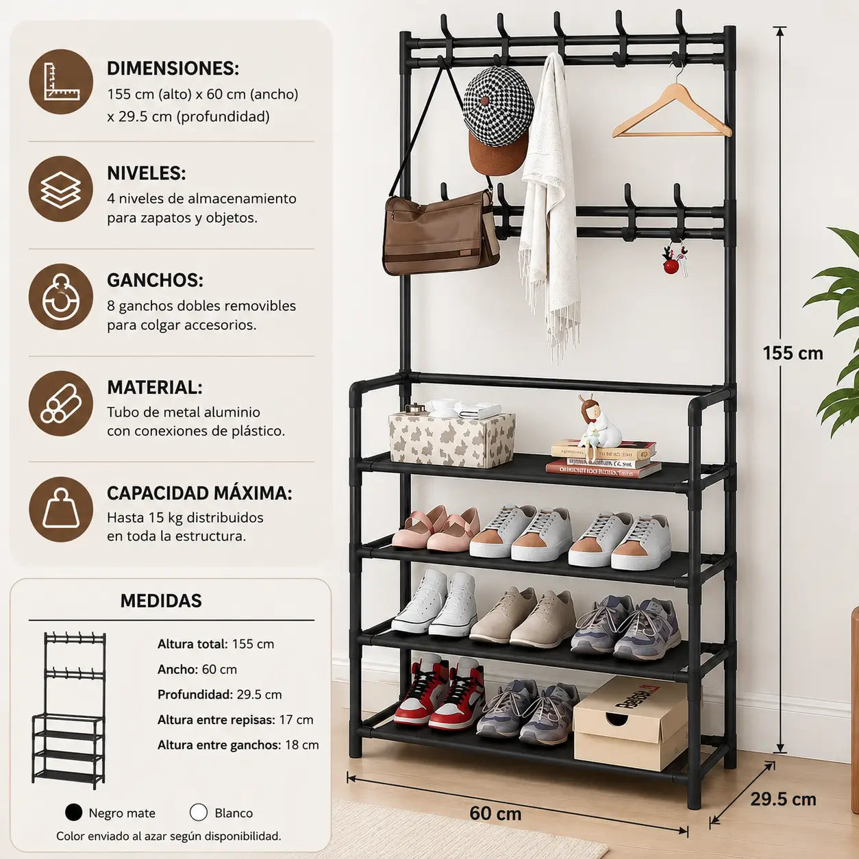 EntryRack Pro - Zapatero y perchero 4 niveles, todo en uno