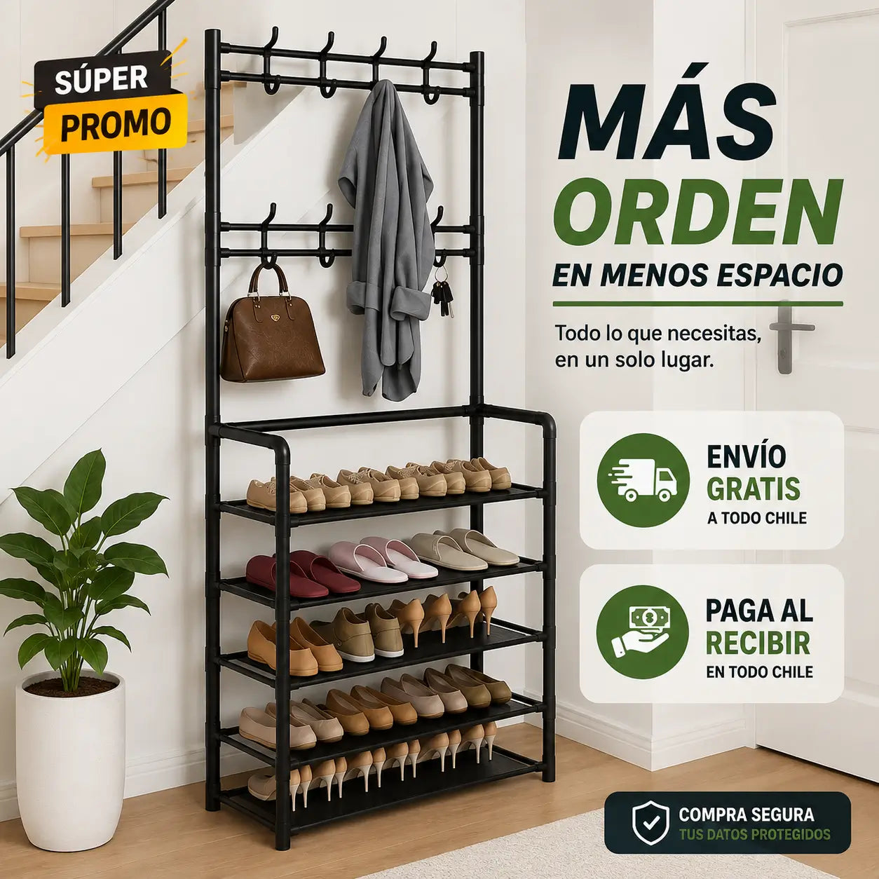 EntryRack Pro - Zapatero y perchero 4 niveles, todo en uno