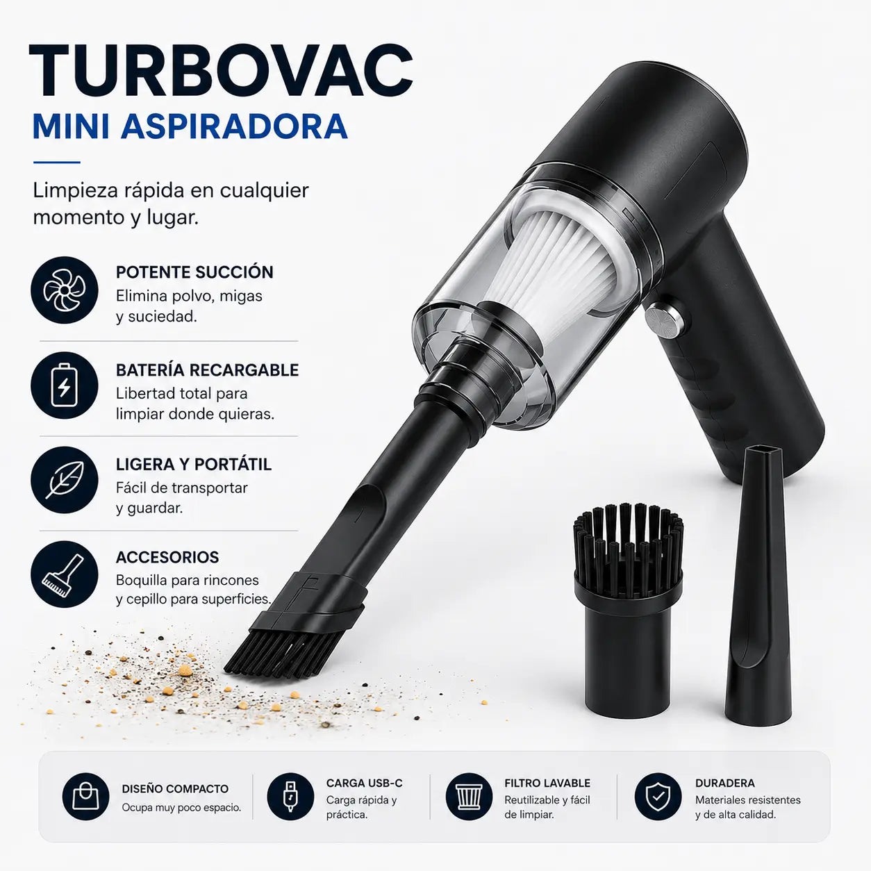 TurboVac Mini Aspiradora - Limpieza rápida en cualquier lugar