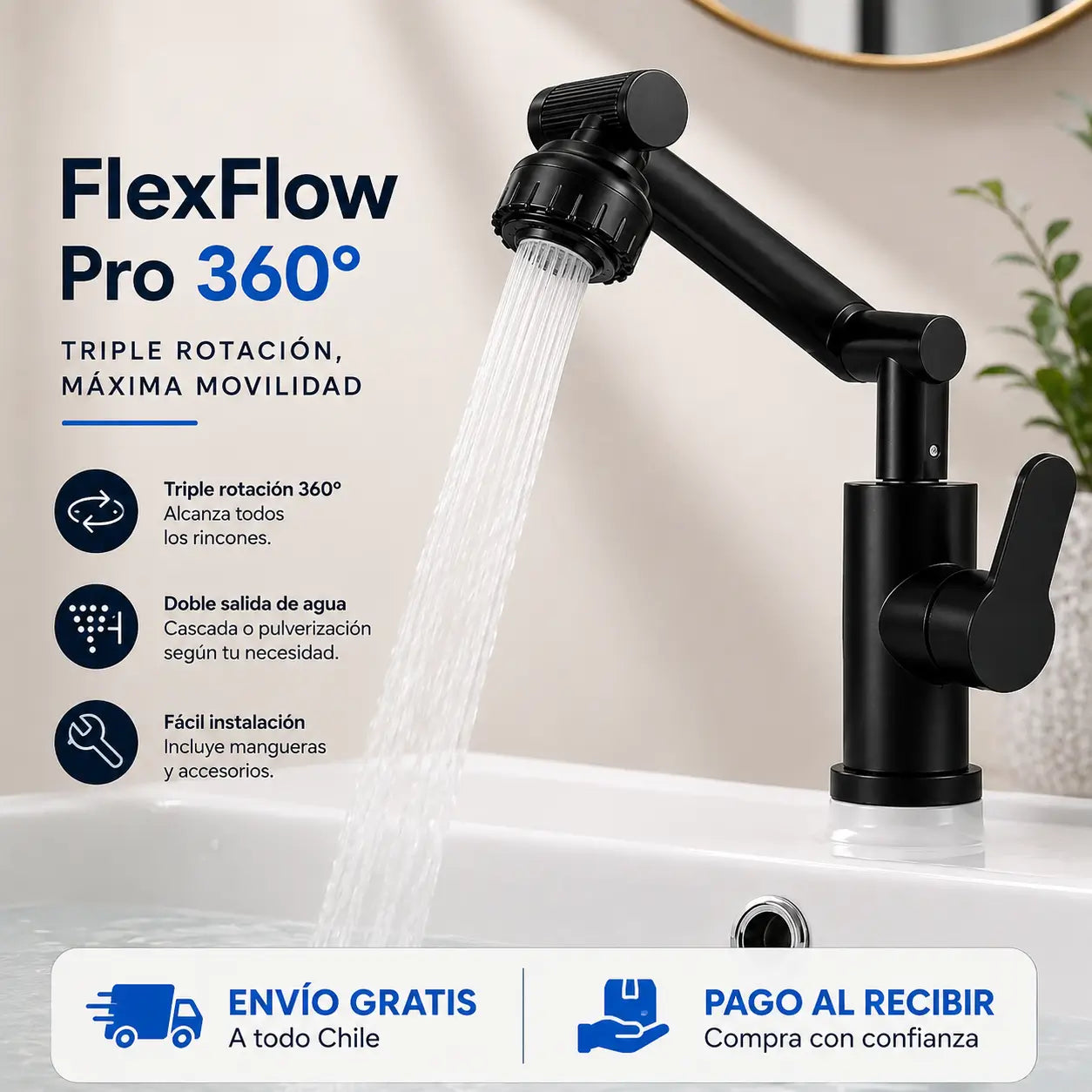 FlexFlow Pro 360° - Grifo triple rotación, máxima movilidad