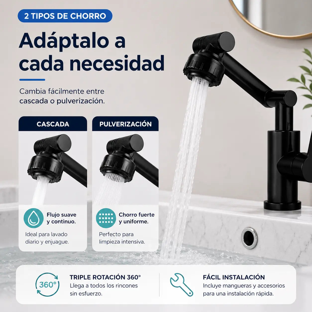 FlexFlow Pro 360° - Grifo triple rotación, máxima movilidad