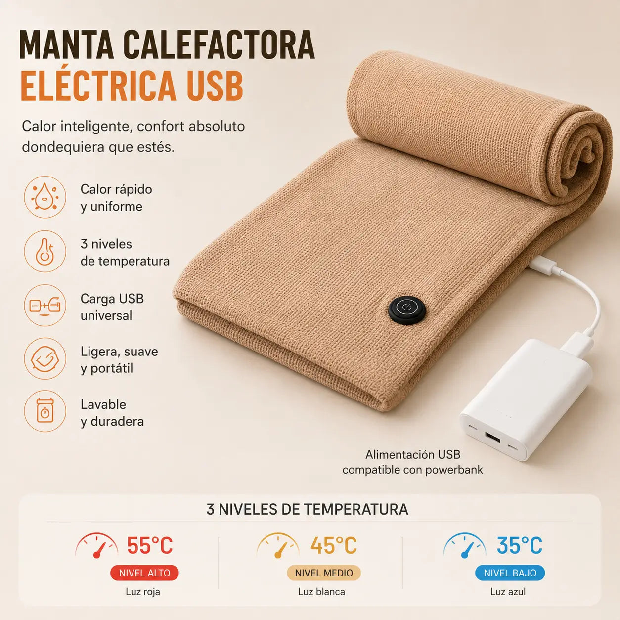 WarmBlanket Pro™ - Manta Calefactora Eléctrica Carga USB