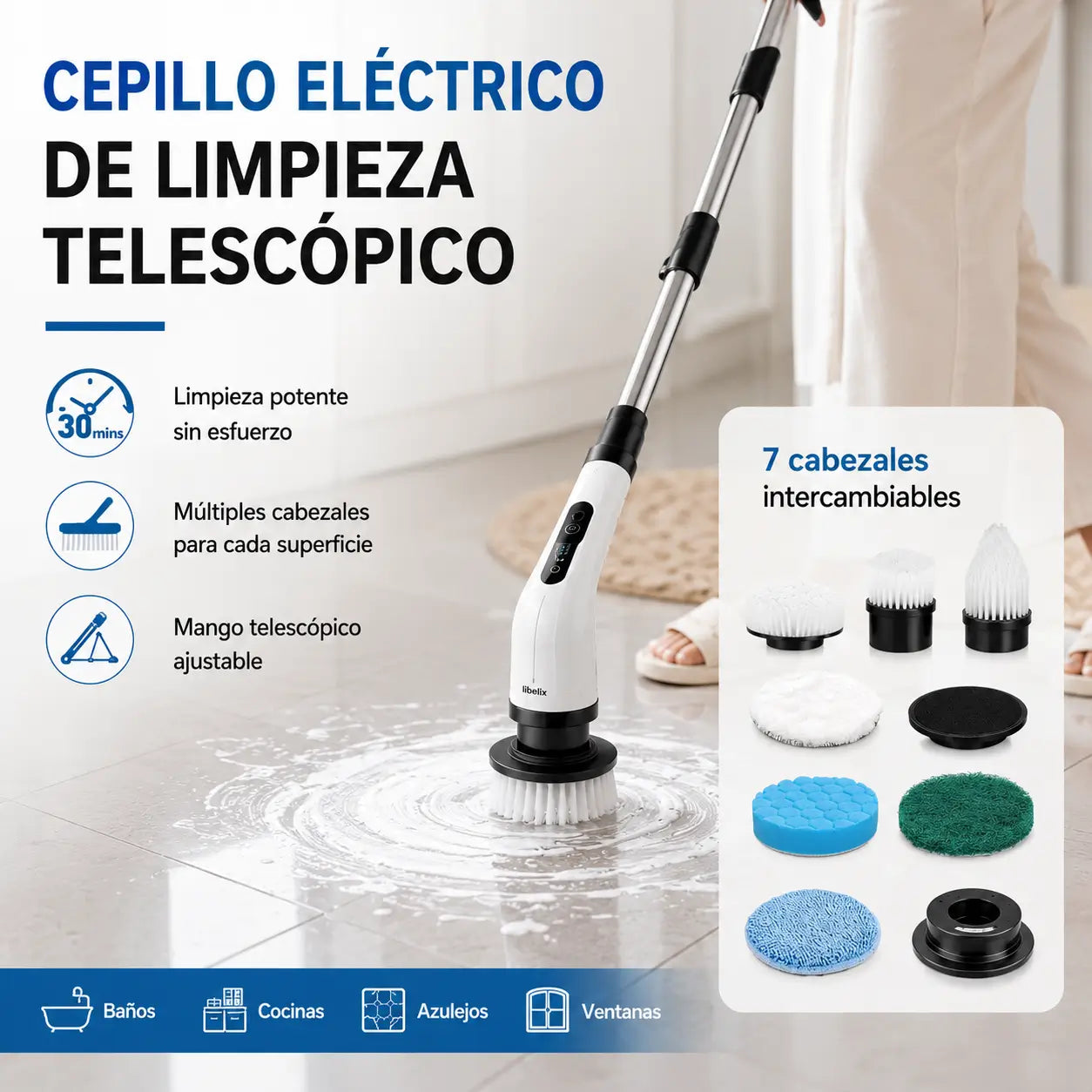 CleanMax Pro - Cepillo eléctrico de limpieza mango extensible
