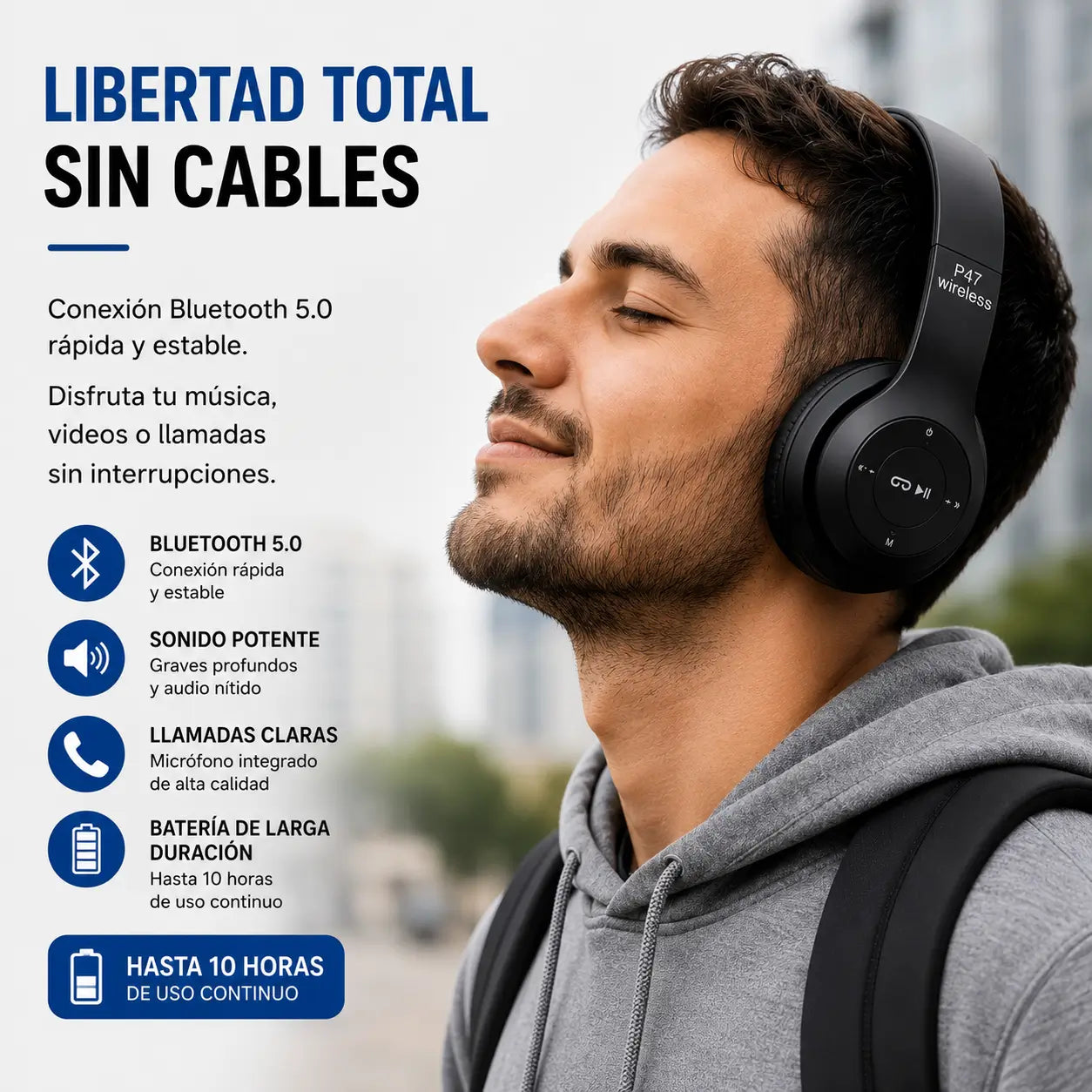 P47 Audífonos Bluetooth- Sonido potente donde vayas