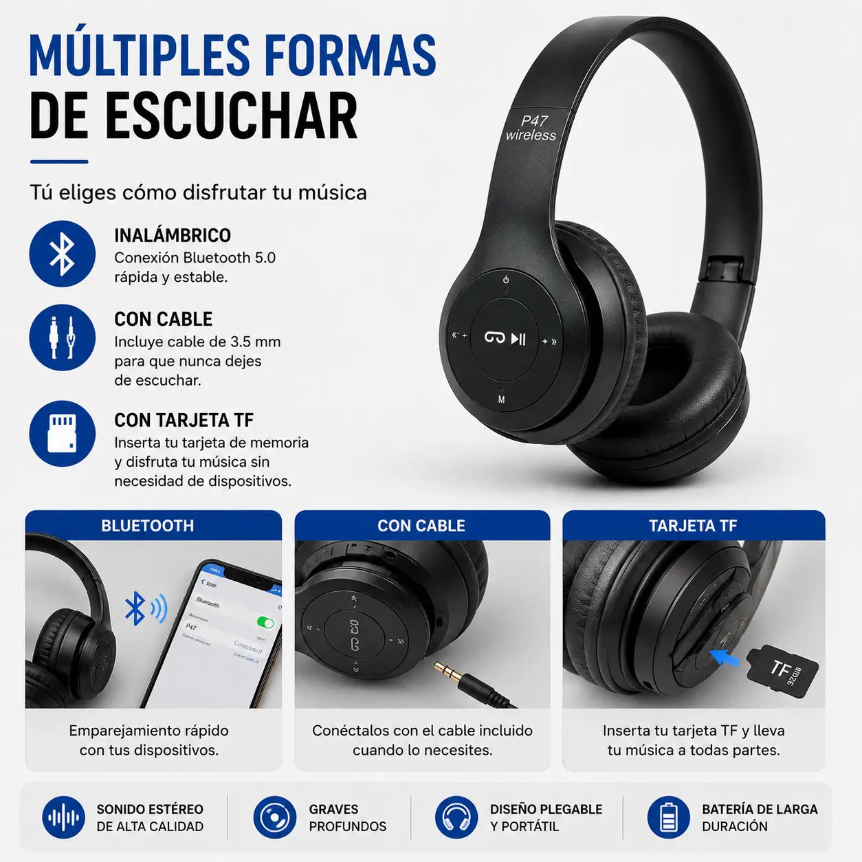 P47 Audífonos Bluetooth- Sonido potente donde vayas