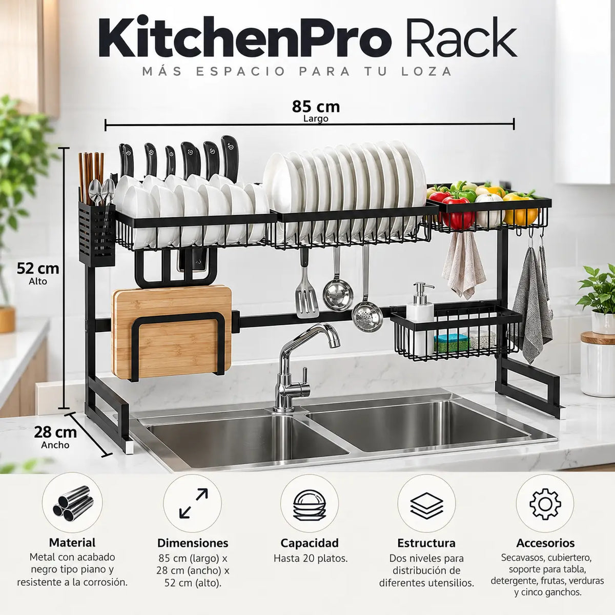 KitchenPro Rack Secador 85cm - Más espacio para tu loza