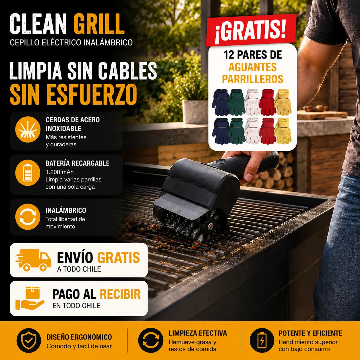 CleanGrill - Limpia y deja tu parrilla lista para usar + 12 pares guantes parrilleros