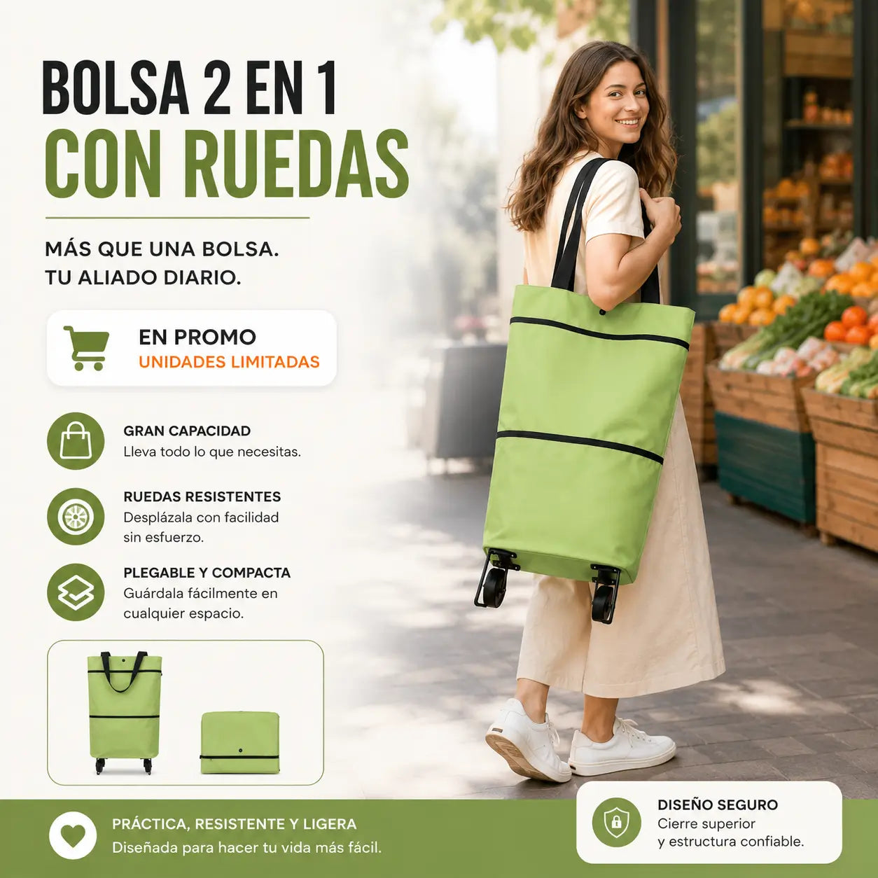 UrbanBag - Bolso Plegable Con Ruedas 2 En 1
