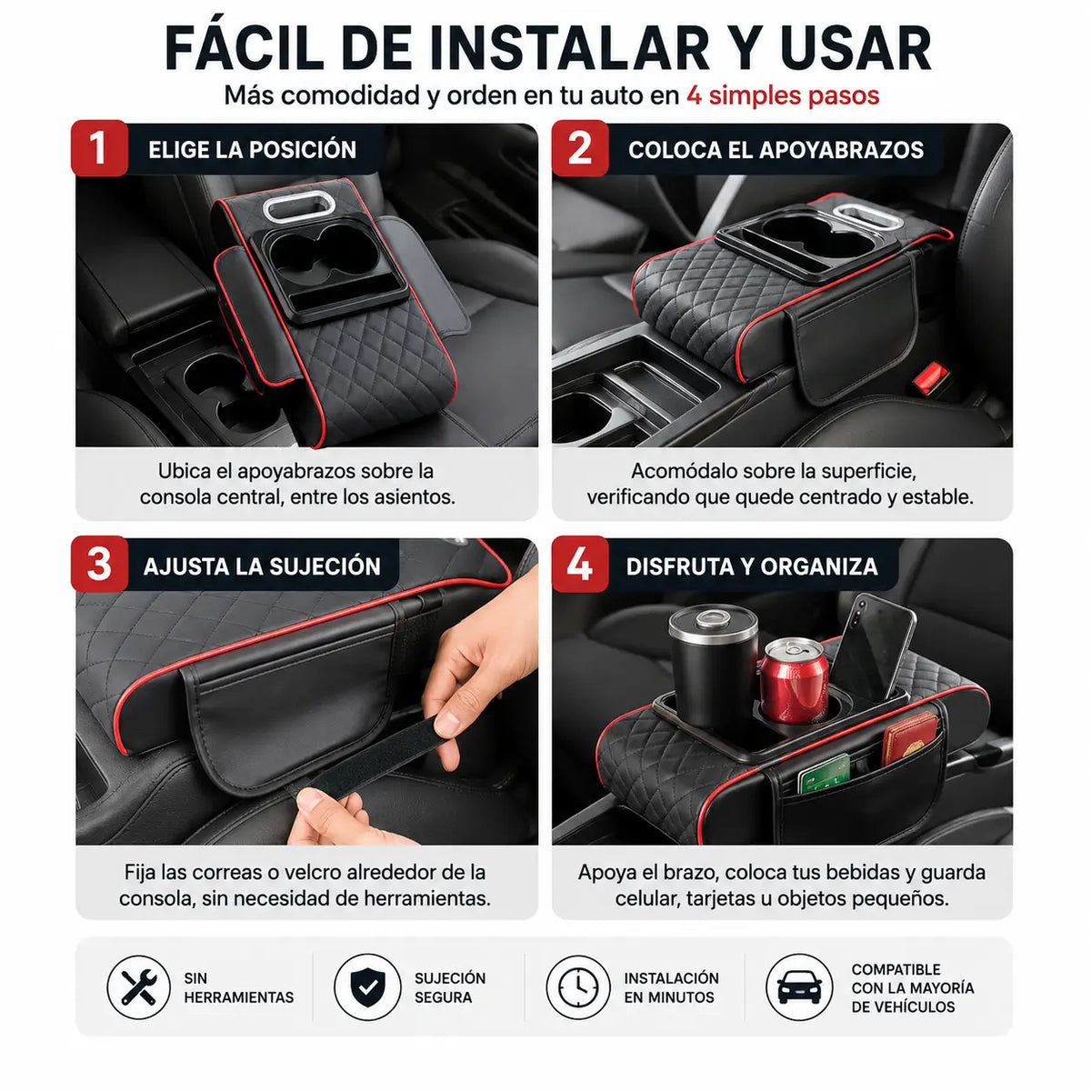 Apoyabrazos y Portavasos Doble - Comodidad y Orden en tu Auto
