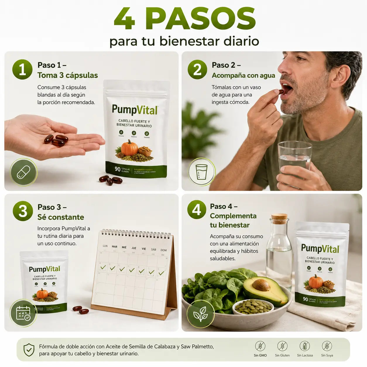 PumpVital Semillas de Calabaza 90 Capsulas - Cabello fuerte y bienestar urinario.