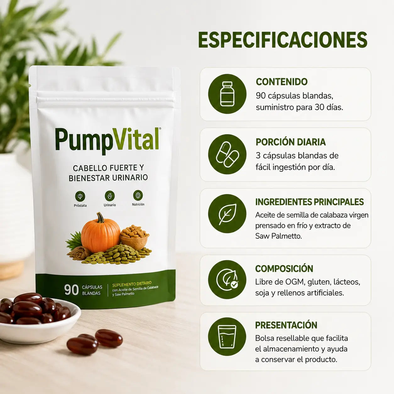 PumpVital Semillas de Calabaza 90 Capsulas - Cabello fuerte y bienestar urinario.