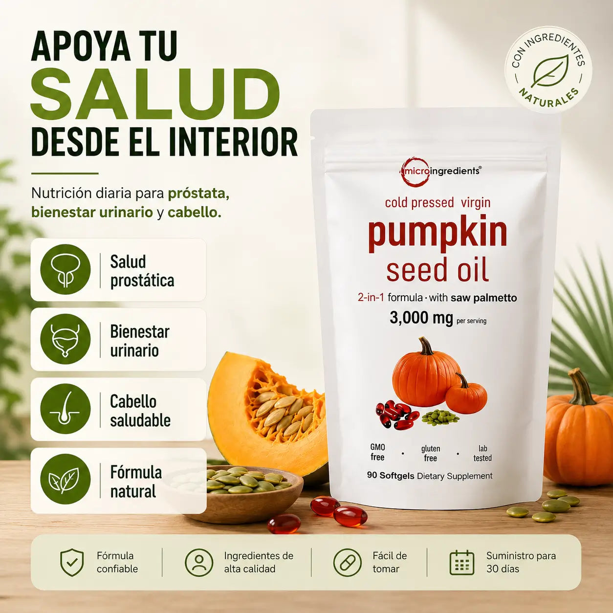 PumpVital Semillas de Calabaza 90 Capsulas - Cabello fuerte y bienestar urinario.