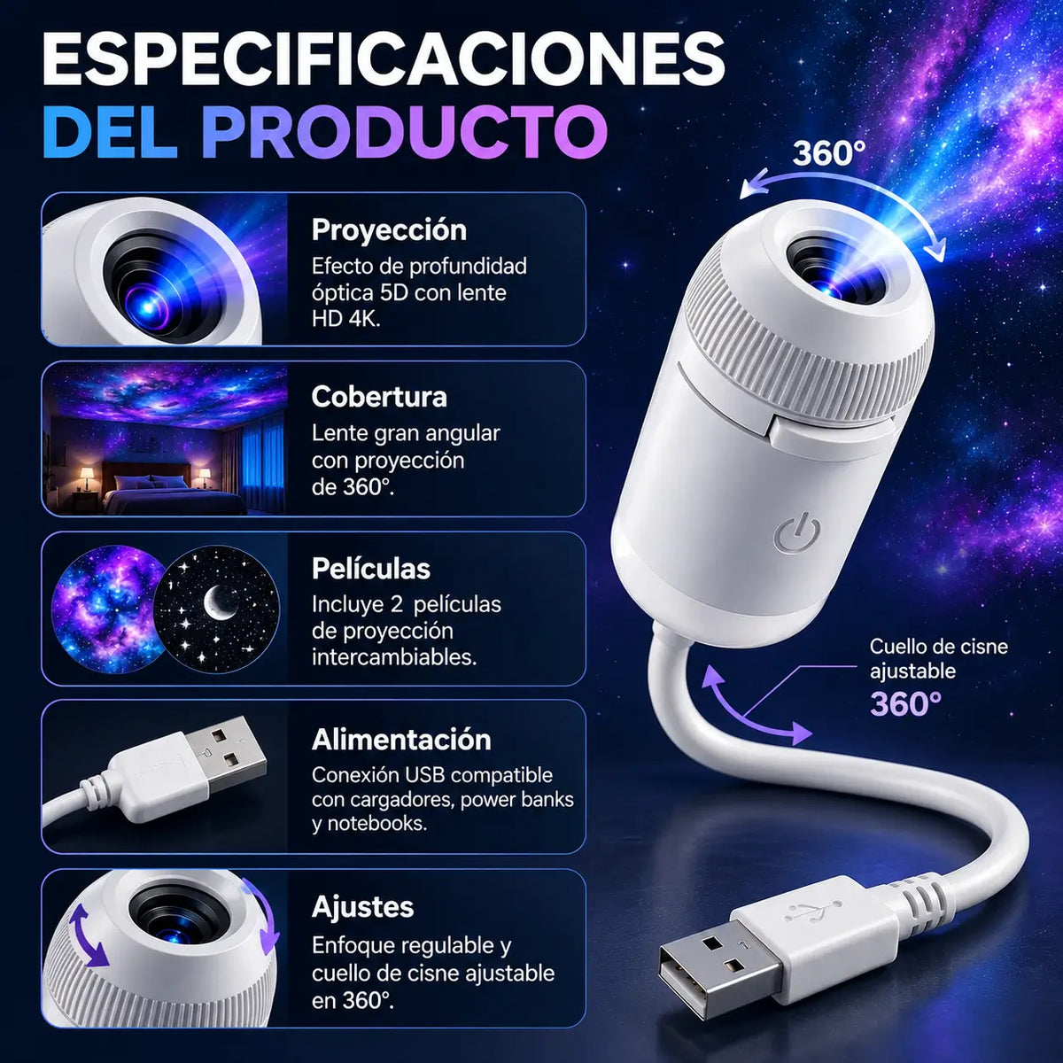 GalaxyGlow 360°- Proyector Lunar 5D