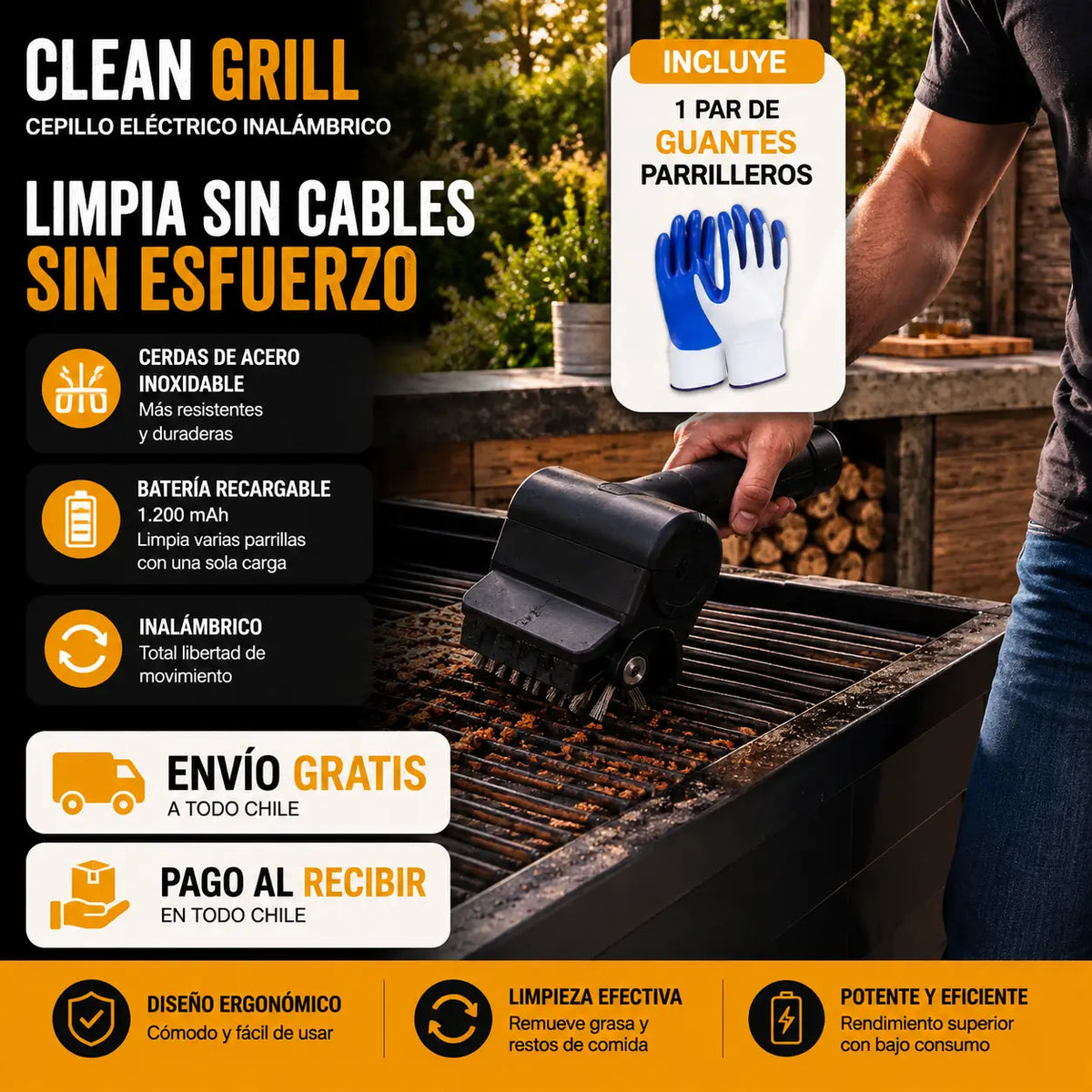 CleanGrill - Limpia y deja tu parrilla lista para usar + 1 par de guantes parrilleros