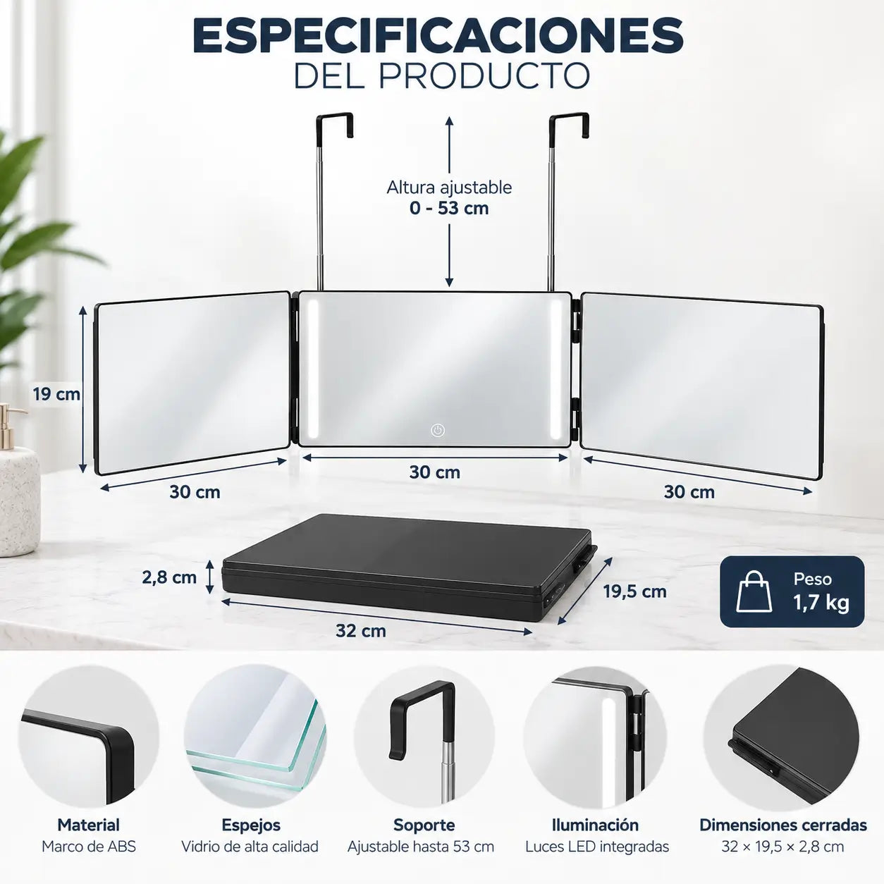 Espejo Triple 360 LED - Mírate desde todos los ángulos