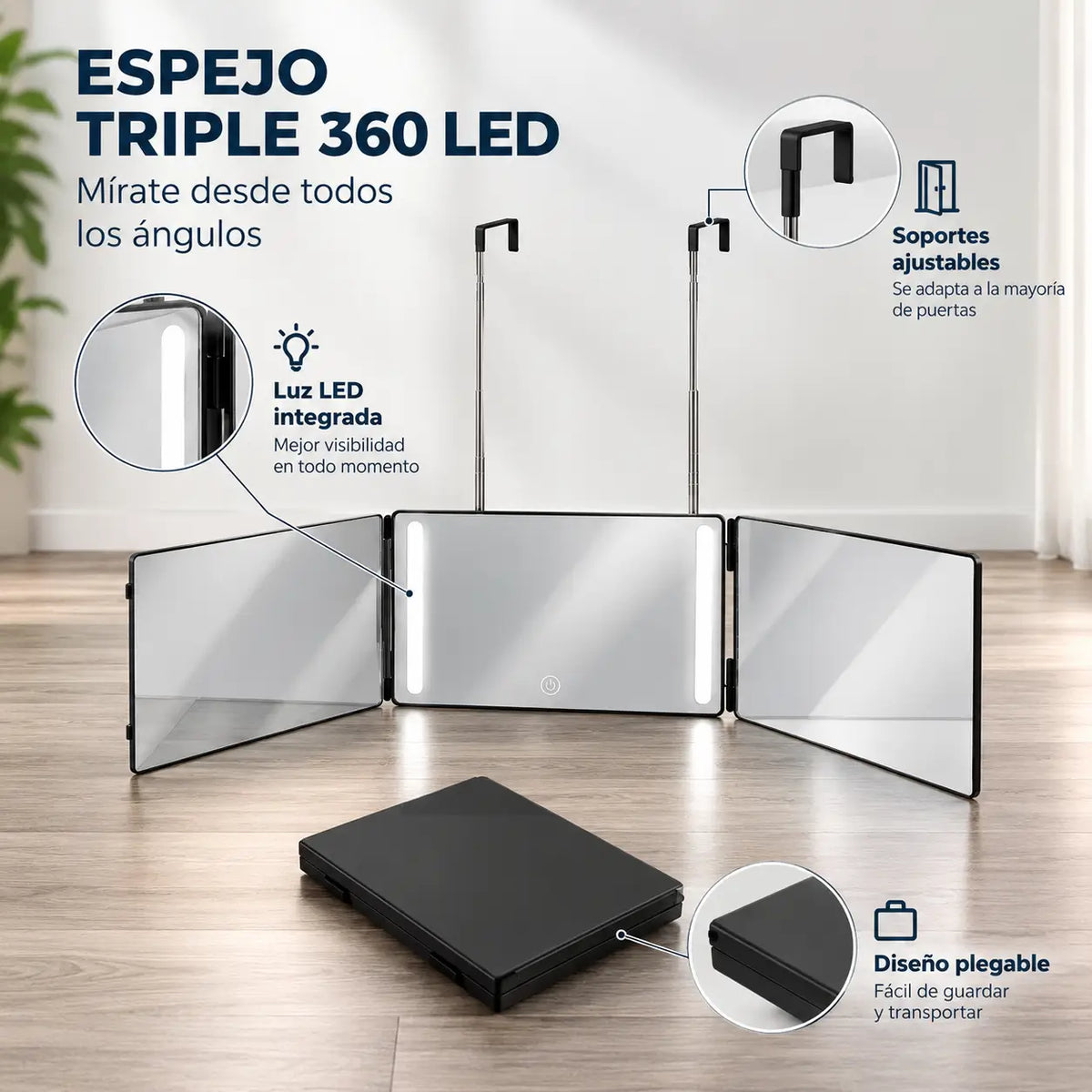 Espejo Triple 360 LED - Mírate desde todos los ángulos