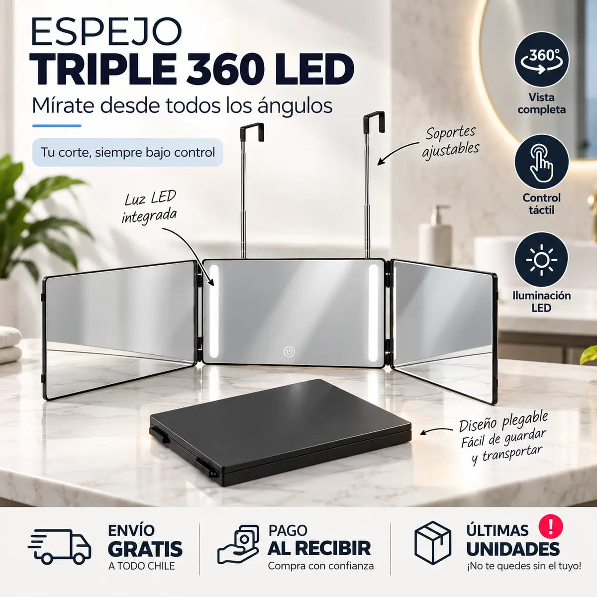Espejo Triple 360 LED - Mírate desde todos los ángulos