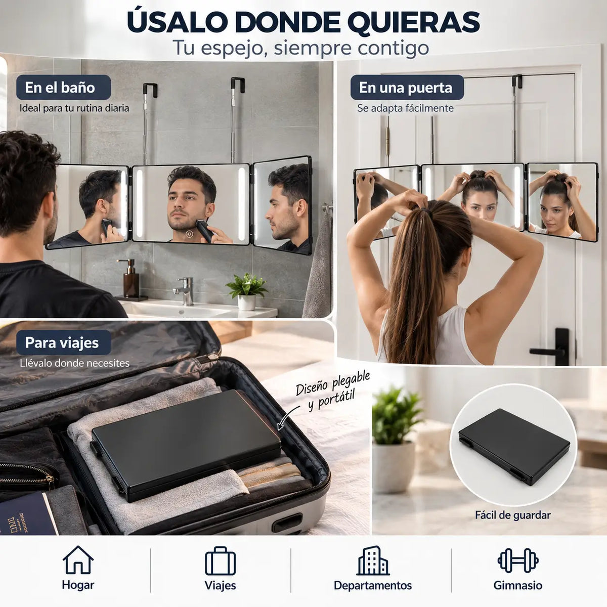 Espejo Triple 360 LED - Mírate desde todos los ángulos