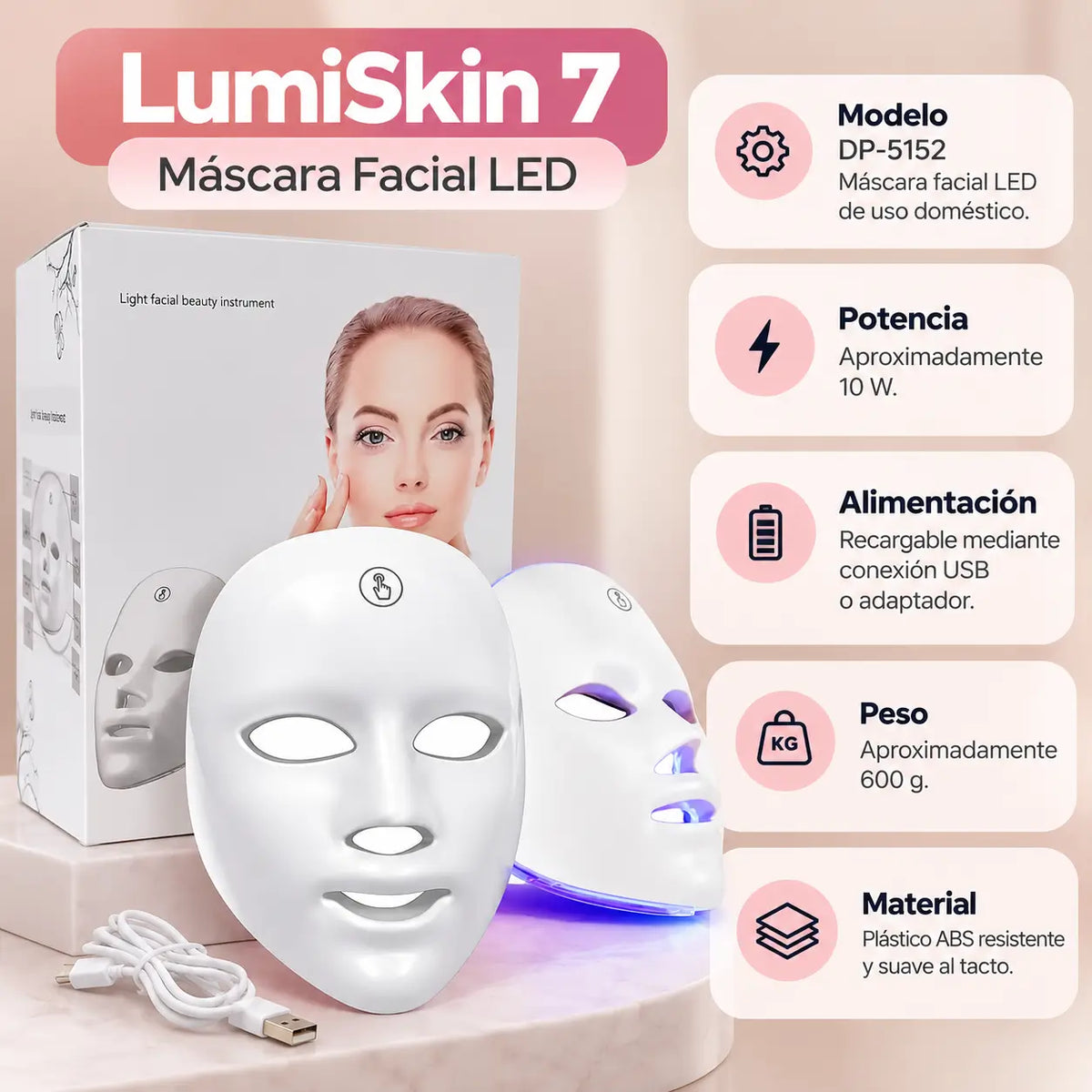 LumiSkin 7 - Máscara cuidado facial con luz LED